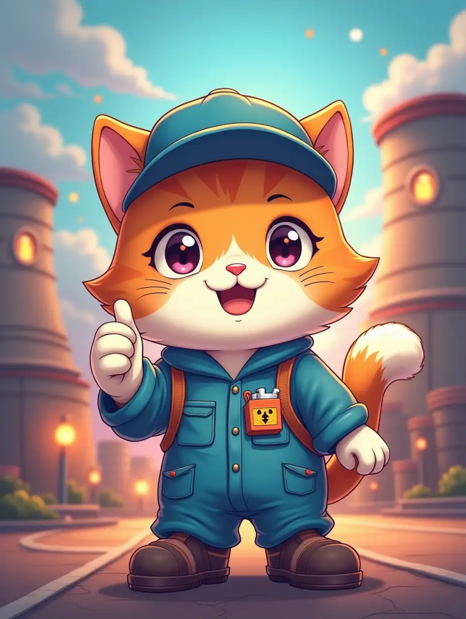 kawaii positive fluffy anime style light multicolor cat in a worker uniform and light blue baseball cap, he shows right hand a thumbs-up gesture, in the background a futuristic nuclear reactor in a coronary glow, a magical warm soft glow, paint like a sticker in anime style