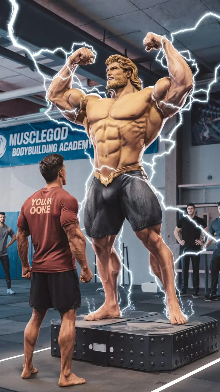 Supercharged brawn. Herculean powers. Musclegod bodybuilder mentor give his protege superpowers by shooting electricity into his body. Photorealistic.