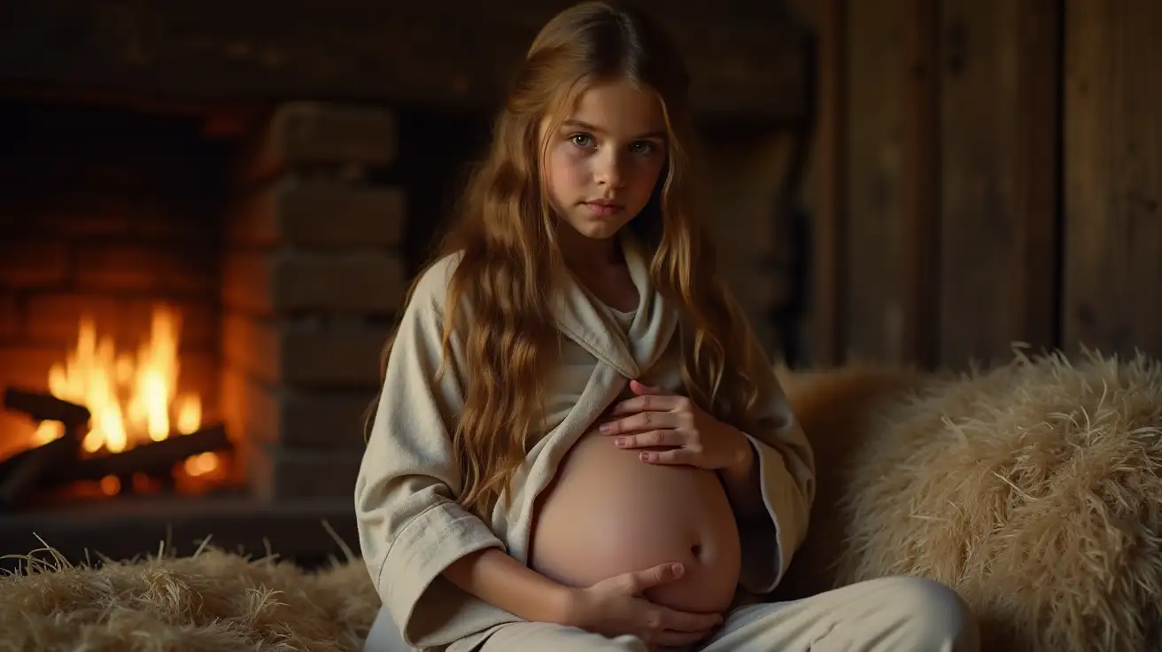 A young girl with long hair, curled up on a bed of straw and furs, linen robe, in an old medieval house, in front of a fireplace, pregnant