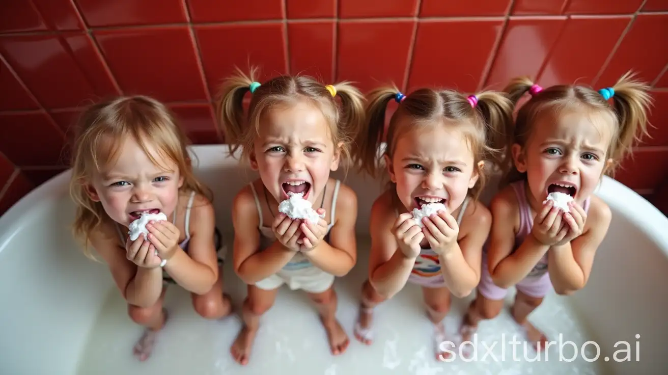 Four-Adorable-Little-Girls-Playing-in-the-Bathtub-with-Soapy-Water