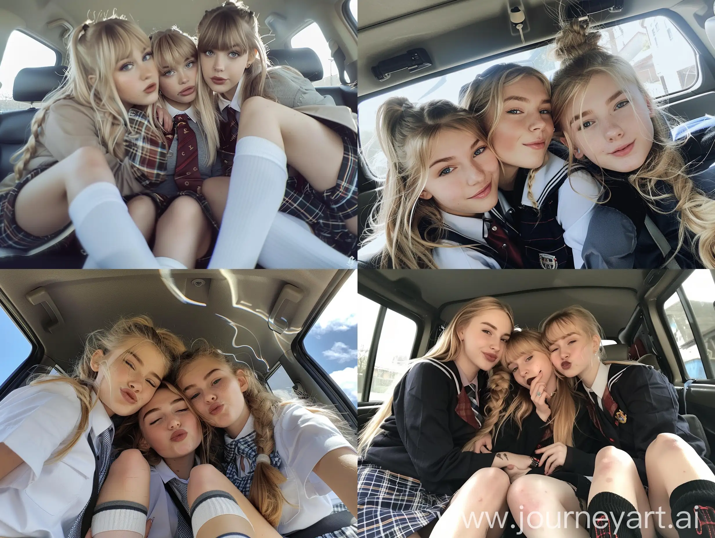 Three-Girls-with-Long-Blond-Ponytail-Hair-in-School-Uniforms-Taking-Natural-Selfie-Inside-Car