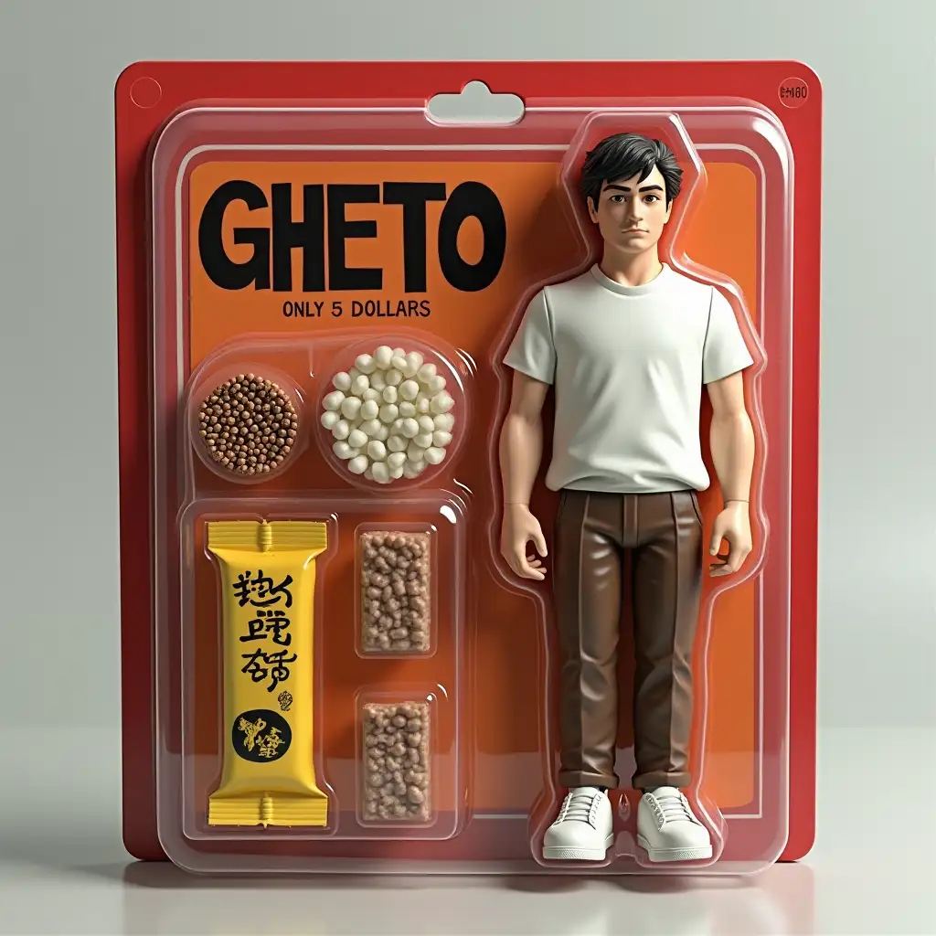 Use this photo of me to create an action figure of myself in a blister pack, in the style like a premium collectible toy. The figure should be standing up and have a little bit angry face. The blister pack should have a header with the text ‘GHETTO ’ in large letters and a subheading of ‘Only 5 dollars’ below it. Include accessories in compartments to the side of the figure: a choclate bar and Chinese rice hat. You should keep the cloth, so the character is in white t-shirt and brown trousers