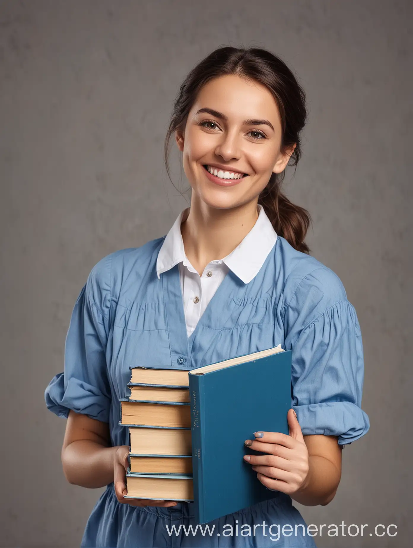 Smiling-Tutor-Woman-Holding-Books-in-Blue-Clothes