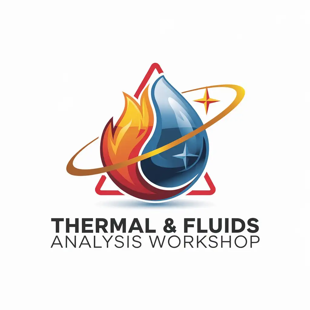 LOGO Design for Thermal Fluids Analysis Workshop Fire and Water Droplet with Golden Orbit and Red Warning Triangle