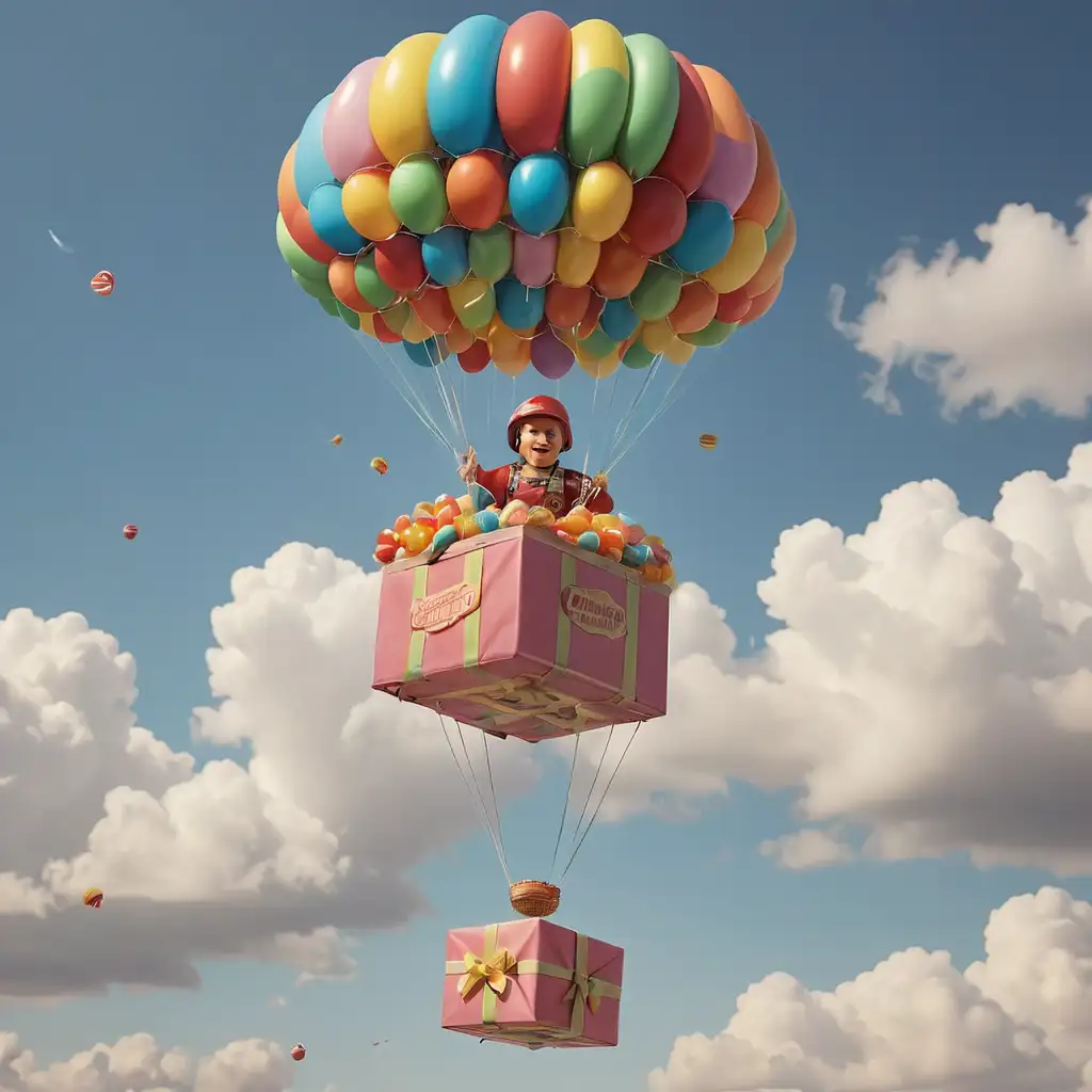 Parachutist Descending from Heaven with a Box of Candies and Dirigible Balloon