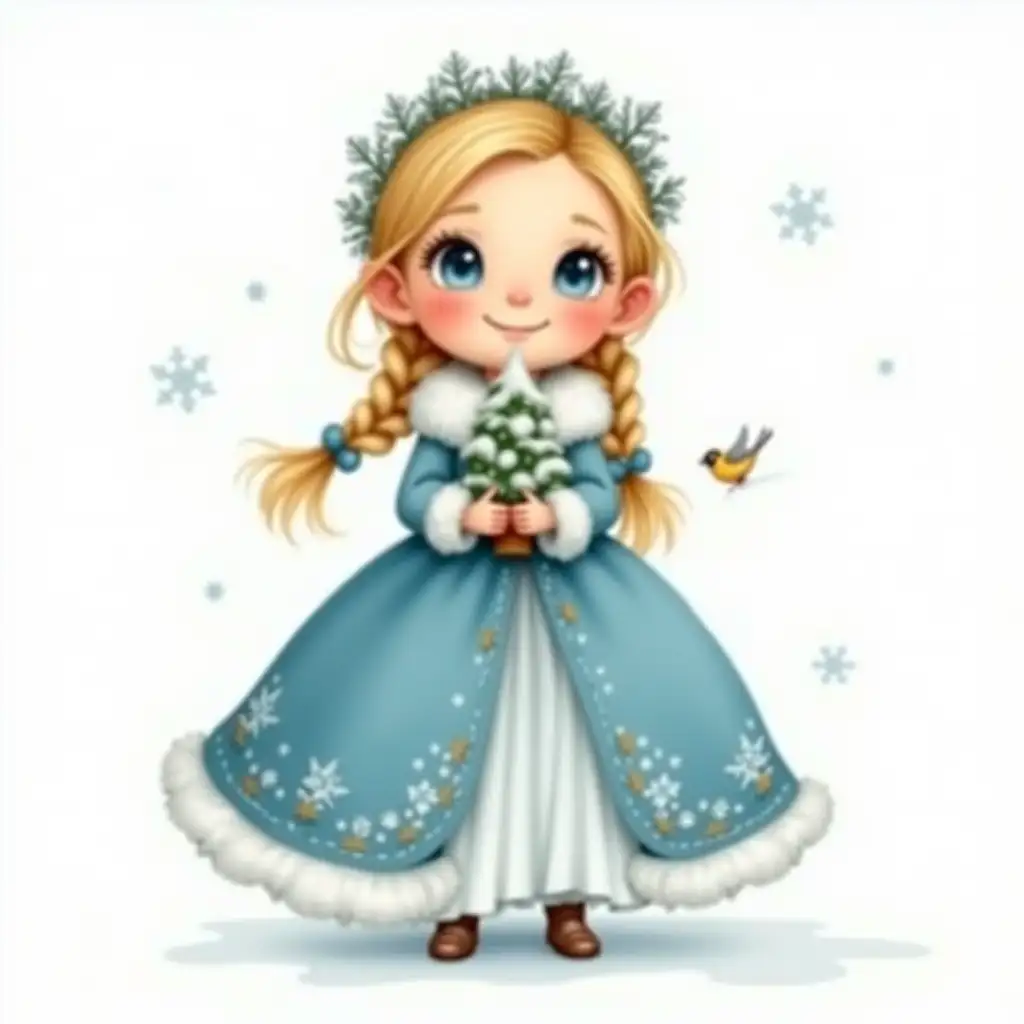 A young girl with fair skin and long blonde hair, braided, decorated with a wreath of snowflakes. Her expressive, big blue eyes gently look ahead, and her smile radiates happiness. She is wearing a blue and white full-length princess-style dress, richly decorated with snowflakes and fur. The fabric of the dress feels smooth and flowing. She holds a small snow-covered Christmas tree. Two bullfinch birds are visible on the sides of it. The snow-white background highlights the figure of a girl and snowflakes. The overall style is a classic children's illustration.