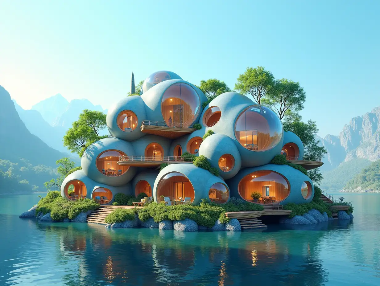 A futuristic multi-story house made of many holen lit glass balls and wood lies on the water, many plants and trees, blue sky, bright environment, mountains in the background, vibrant 8k quality