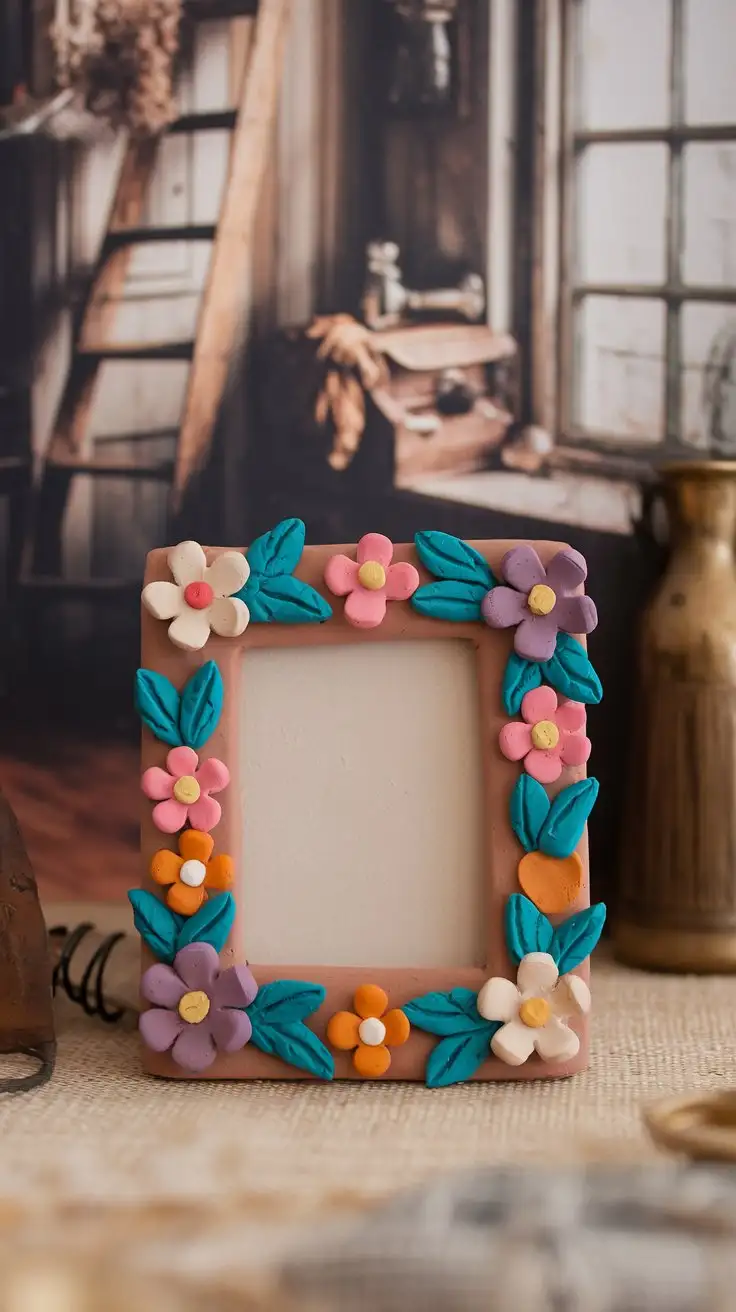 Front-facing close-up of a handcrafted clay picture frame, decorated with colorful clay flowers and leaves, rustic texture, photo peeking through, warm studio light, personal touch, gift idea, art and craft detail --ar 1:1