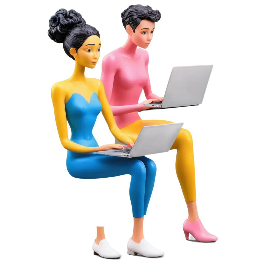 Collaborative-Partnership-in-Vibrant-Colors-Stylized-PNG-Image-of-Two-Humanoid-Figures-Interacting-with-a-Laptop