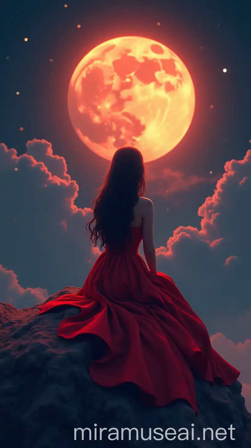 Beautiful Woman in Red Dress Sitting on Half Moon with Clouds at Midnight