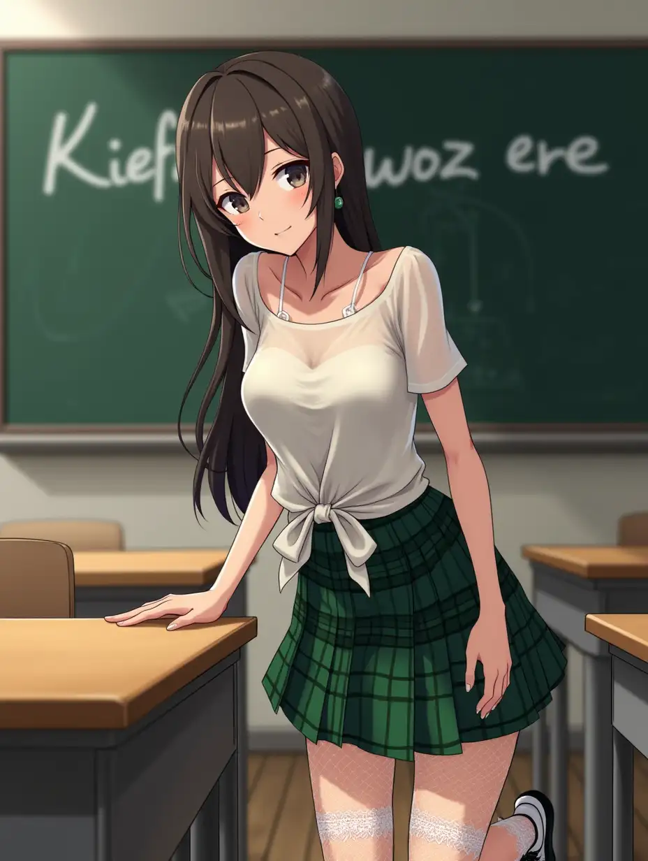 Young anime woman, slim and toned, wearing a sheer white short sleeved form fitting blouse that is tied in a knot at her midrif with a green tartan micro skirt with white fish net stockings with lace tops and black school shoes. She is leaning over a desk helping a student  in front of a classroom with desks and chairs and a black board behind her with the words 'Kiefels woz ere' Written on it in white chalk