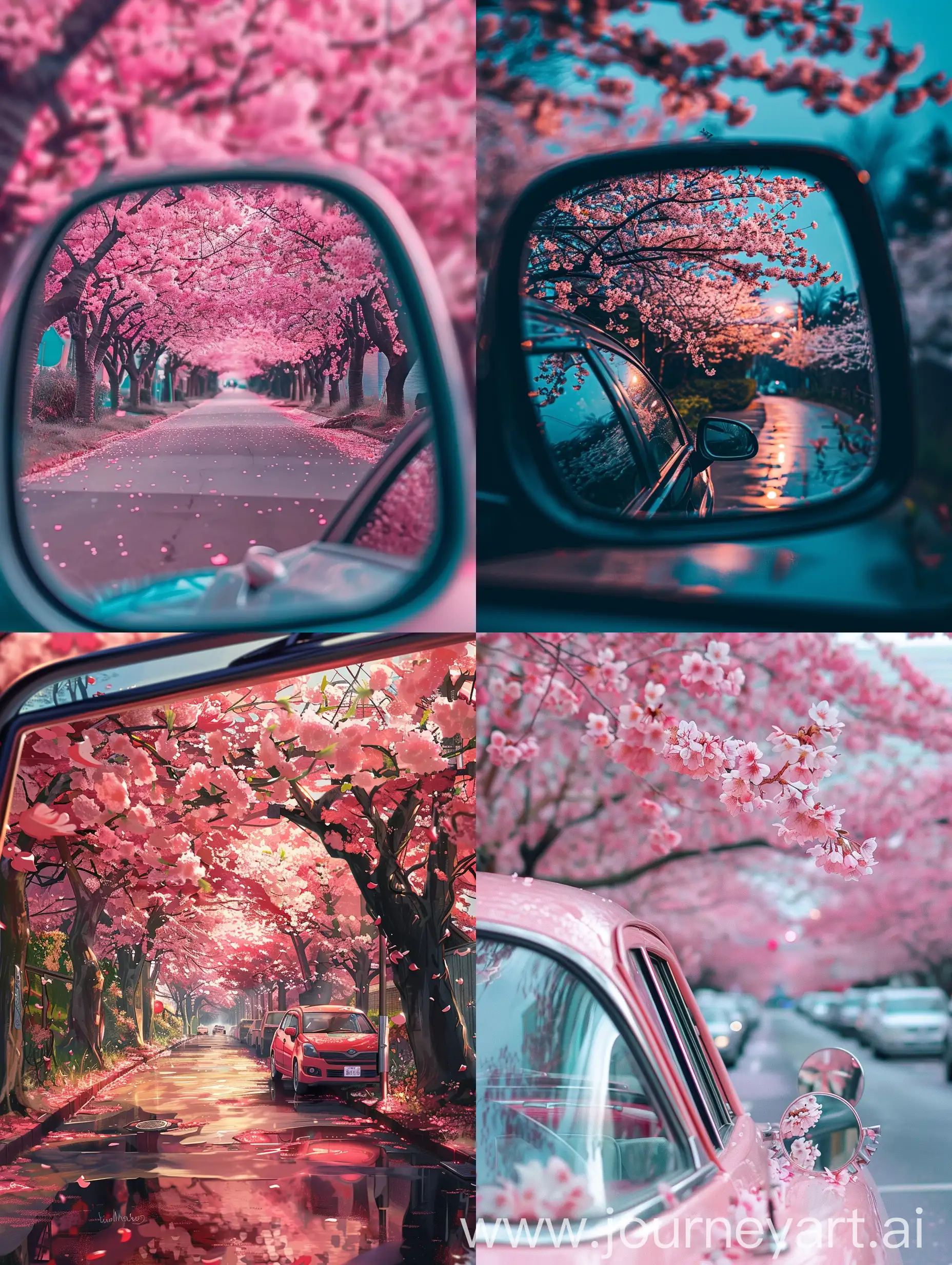 Scenic-Cherry-Blossom-Avenue-Reflected-in-Car-Rearview-Mirror