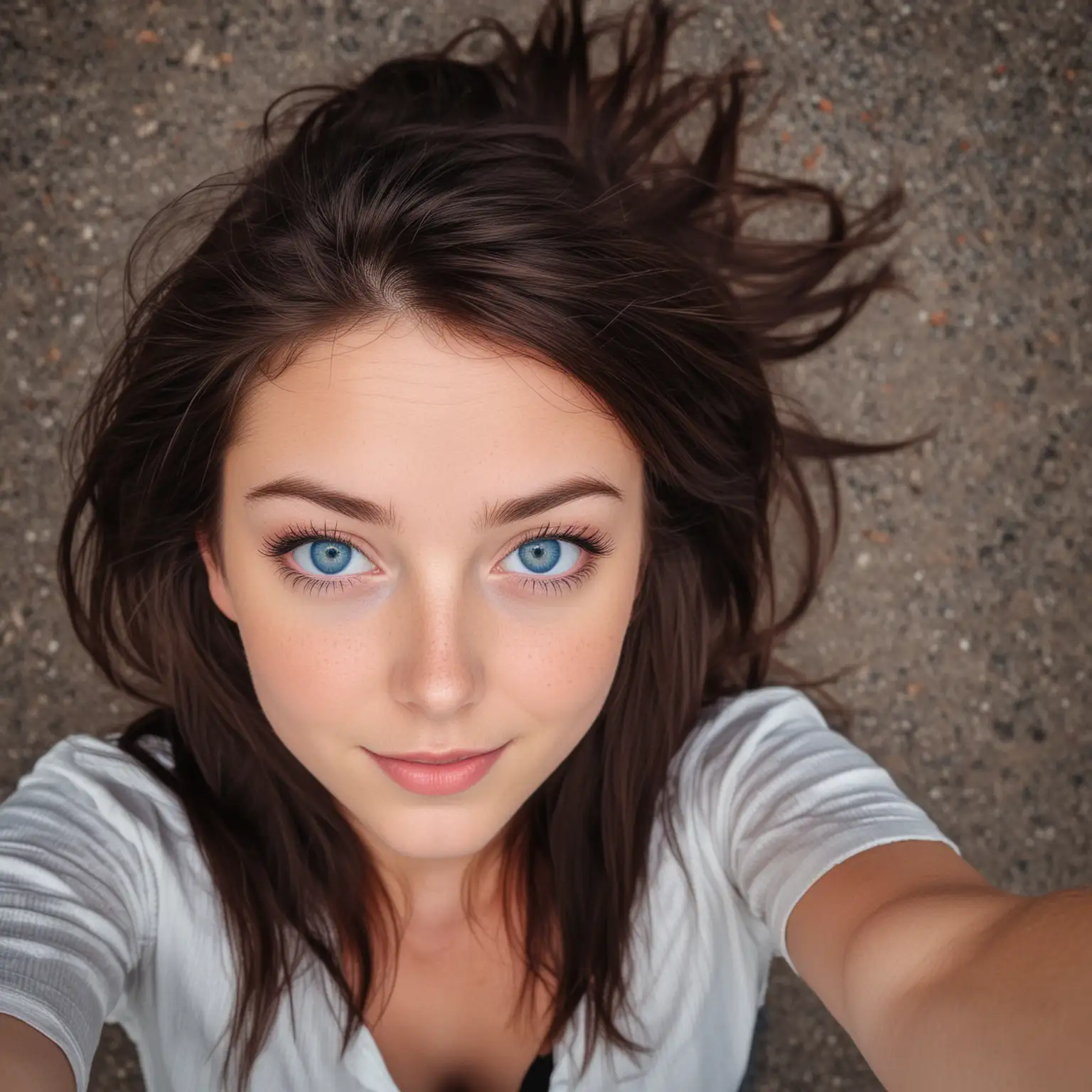 Adorable-Young-Woman-with-Blue-Eyes-and-Dark-Brown-Hair-Taking-a-Selfie-from-Above