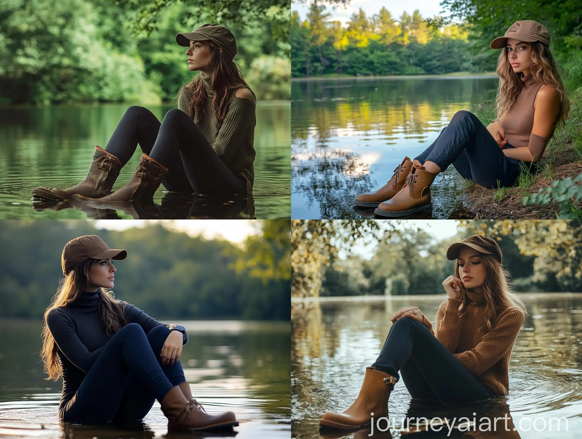 Natural-Beauty-Lady-Sitting-by-Lake-Surrounded-by-Green-Trees