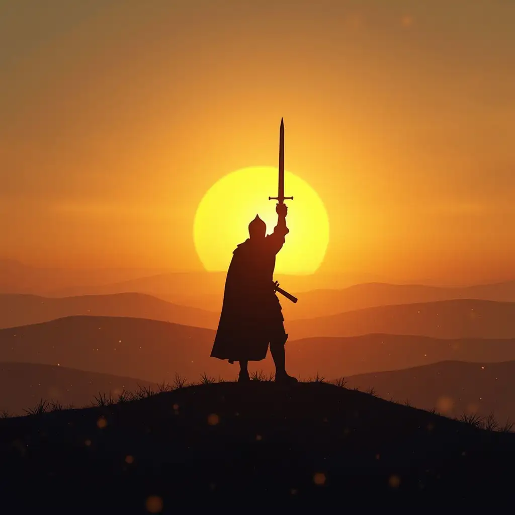 A knight stands atop a hill with their sword raised triumphantly, silhouetted by the rising sun. The landscape around them is scorched from past battles, but the new day’s light symbolizes renewal, victory over adversity, and a fresh start.