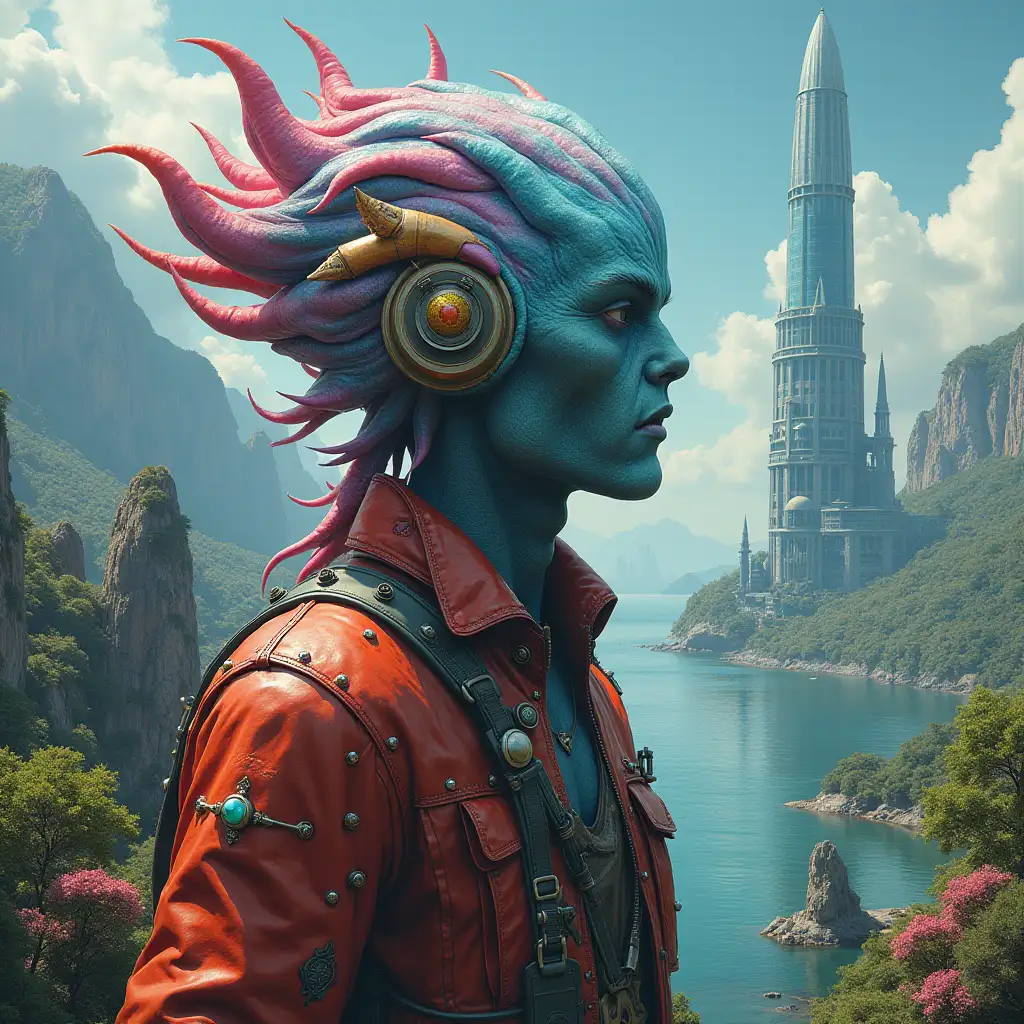 Ultradetailed hyperrealistic portrait  Multiverse time traveler with various strange beings with futuristic glass towers The elaborately detailed, colorful forested ones in the background Mountains and sea