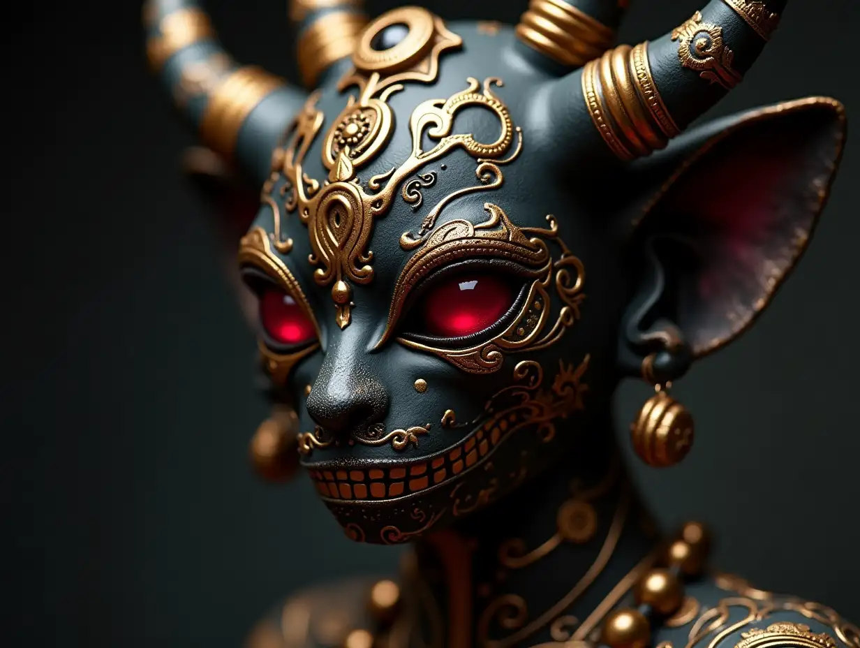 Cyber Totenkopf with ruby eyes, black porcelain with golden ornaments Steampunk 100 mm Capture