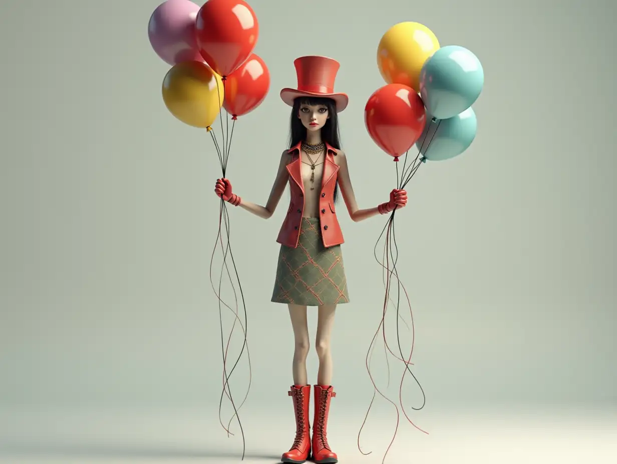 a very long 3-D female figure with very thin legs and very long thin arms with top hat and boots and wearing jewelry.and holds multiple balloons in her hand 4K resolution Colorful