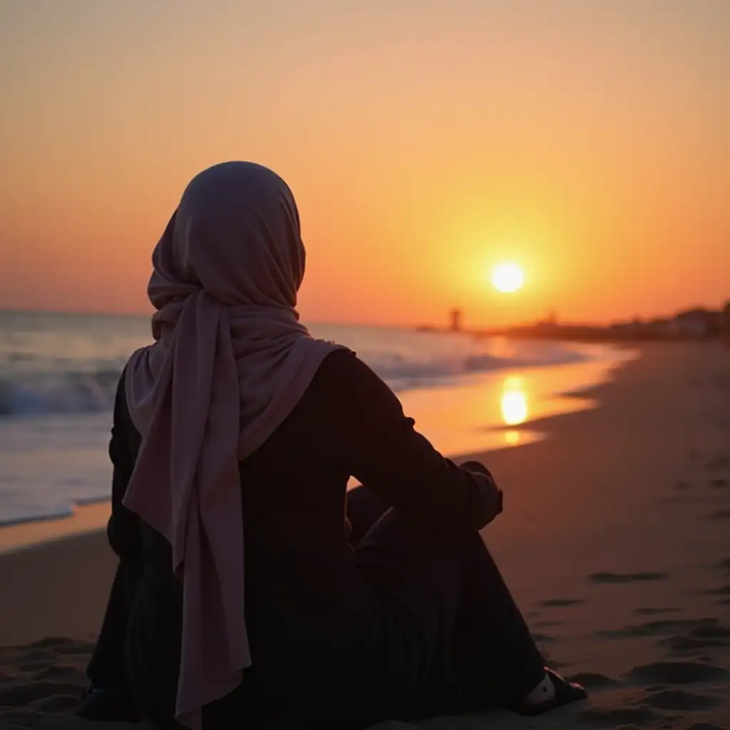 A woman in a hijab sitting next to the beach watching sunset