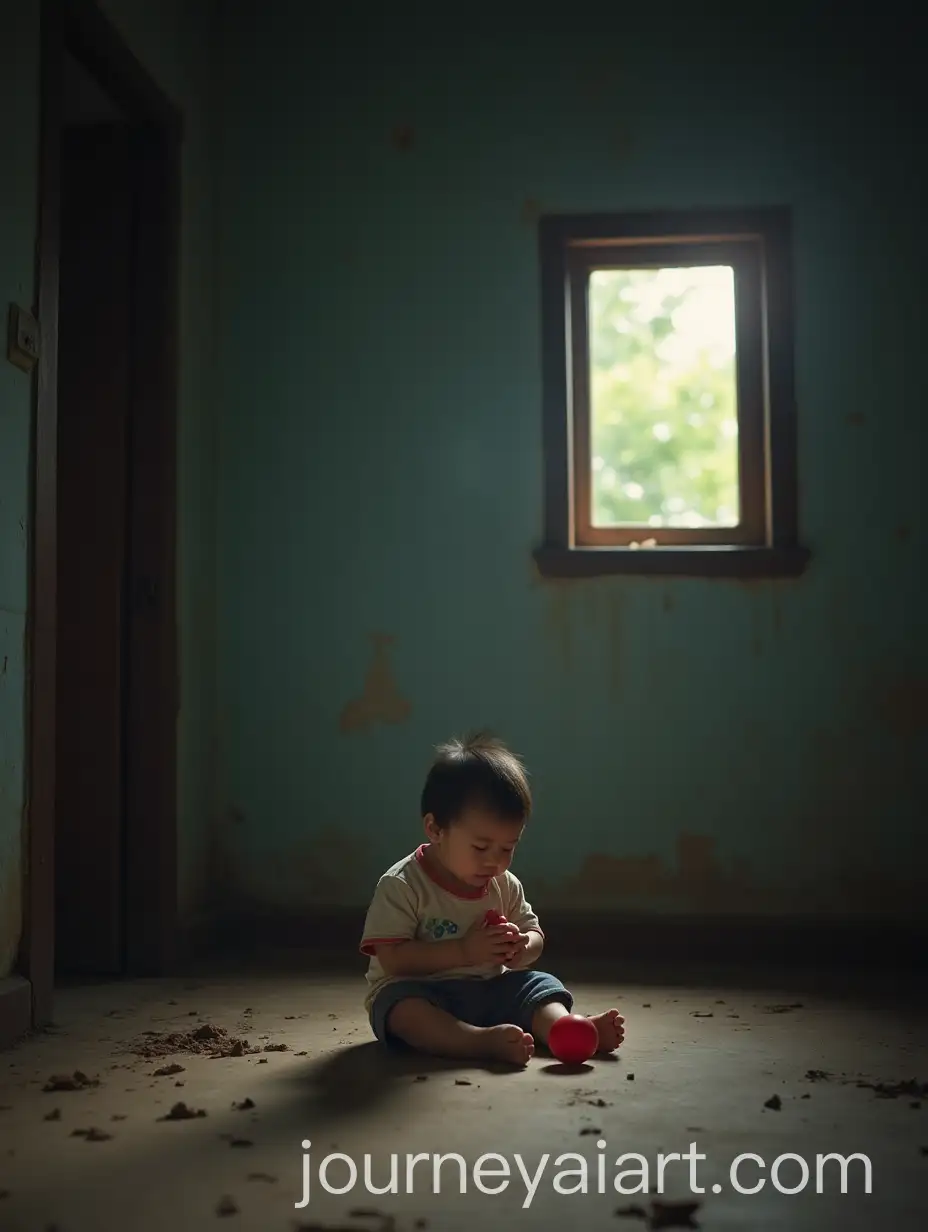Chinese-OneYearOld-Child-Playing-with-a-Red-Ball-in-a-RunDown-Room-at-Night