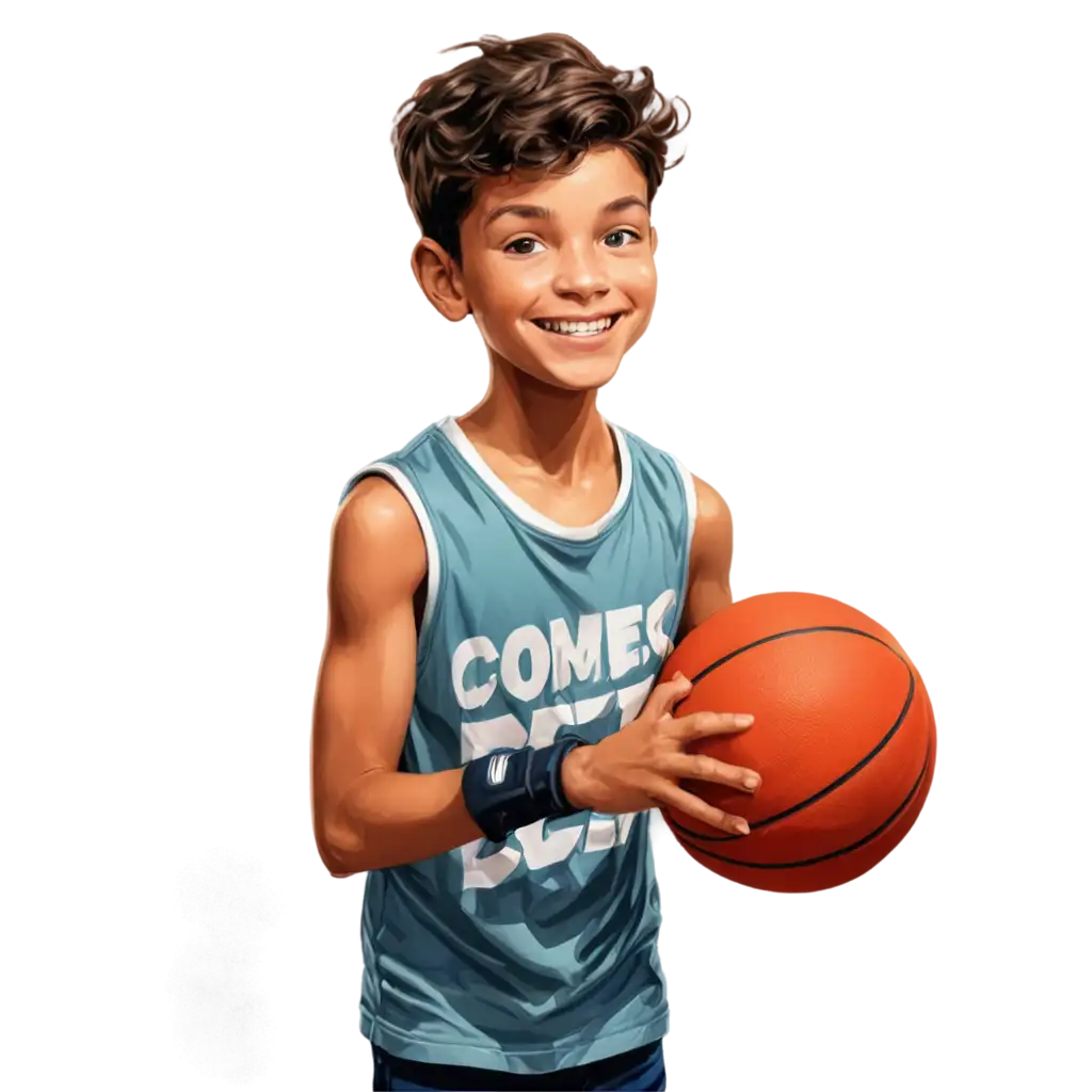 Depicting a boy with his right hand patting a basketball in the style of a comic book