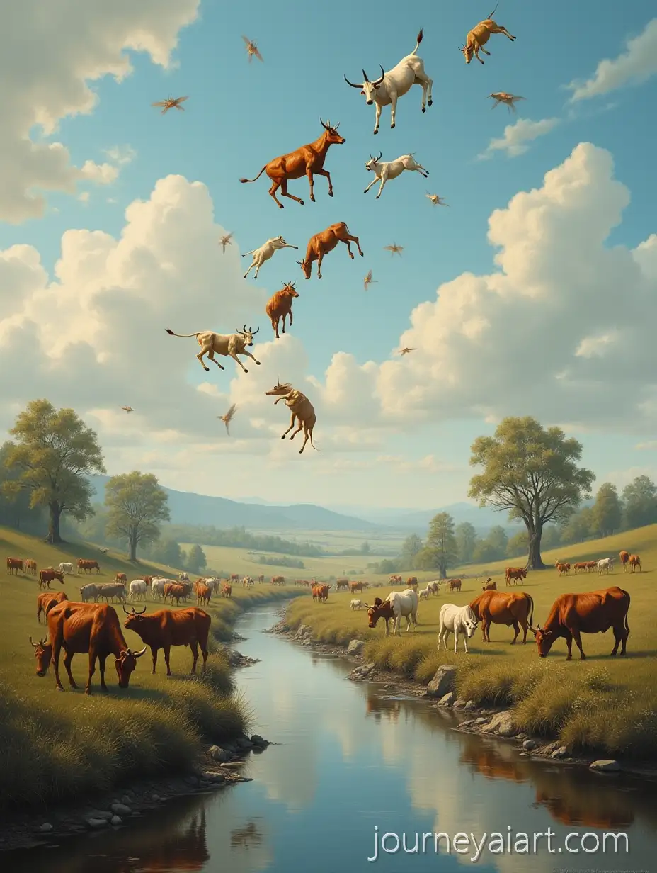 Whimsical-Sky-Filled-with-Pigs-Falling-into-a-River-of-Cows