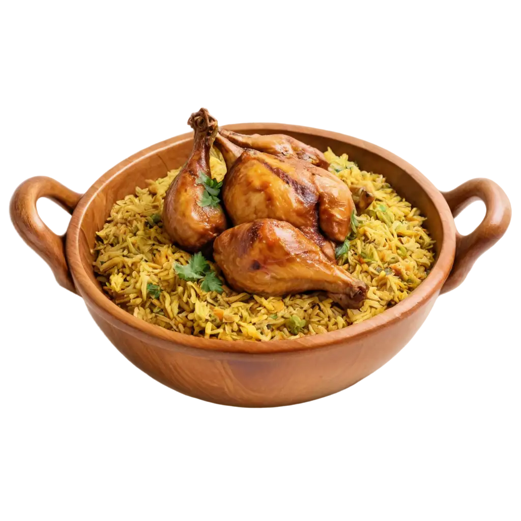 HighDetail-PNG-Image-of-Realistic-Chicken-Biryani-in-Wooden-Bowl-Aromatic-Spiced-Rice-and-Roasted-Chicken-Legs