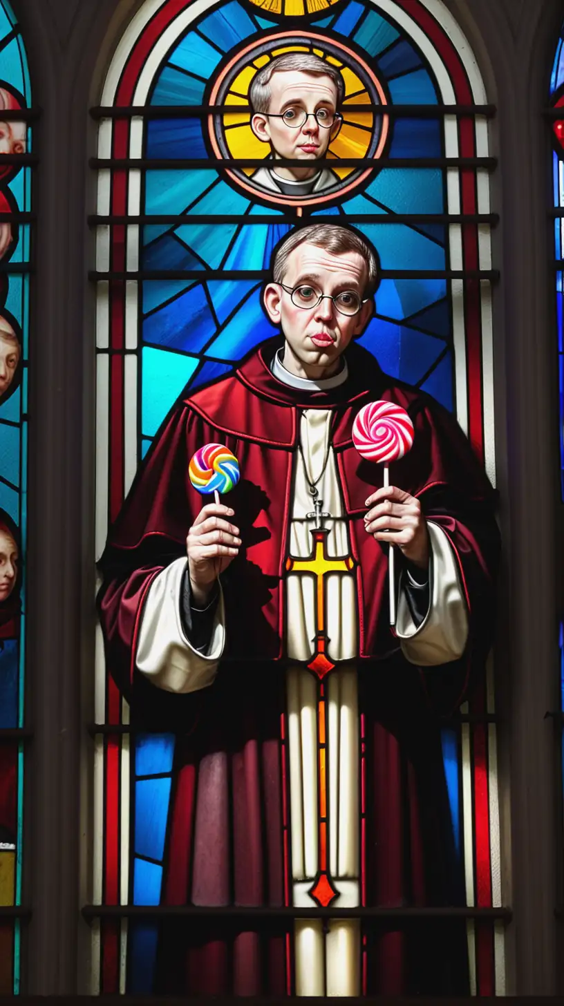 Stained Glass Art of a Priest with a Lollipop in Church