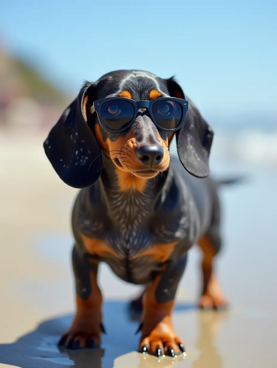 A dachshund dog, he is black, grey with small dappled spots, one eye blue, the other brown, the dachsund is walking on the beach in sunglasses checking out all the pretty girls