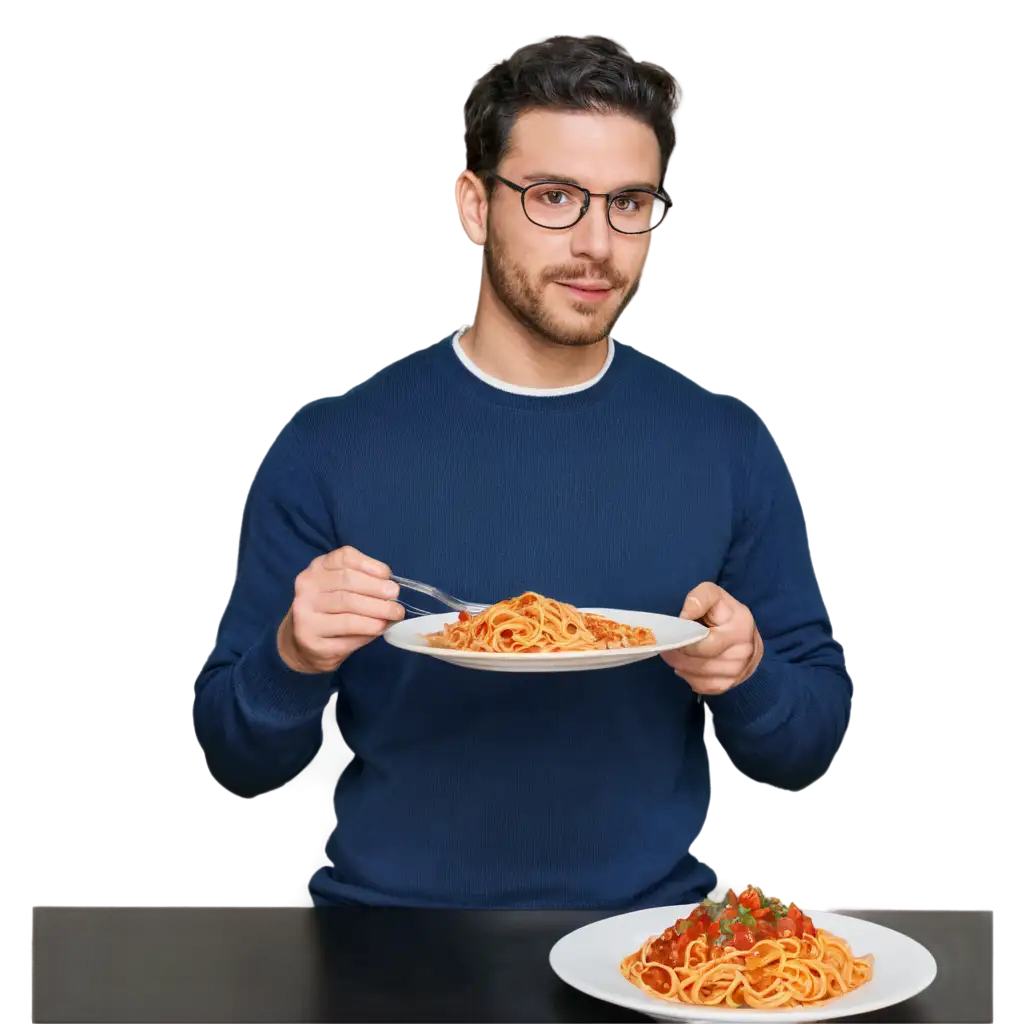 man eats spaghetti