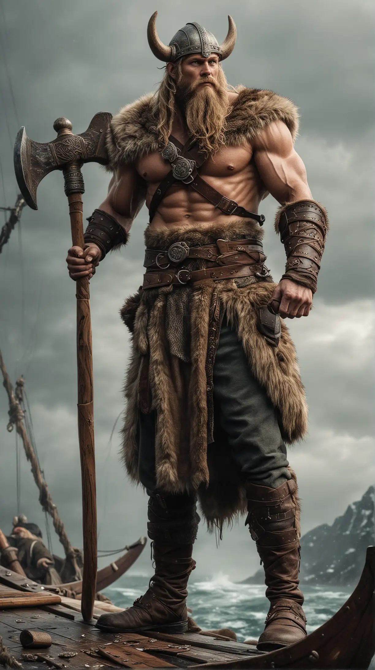 Muscular Viking Warrior Standing on Ship with Giant Battle Axe