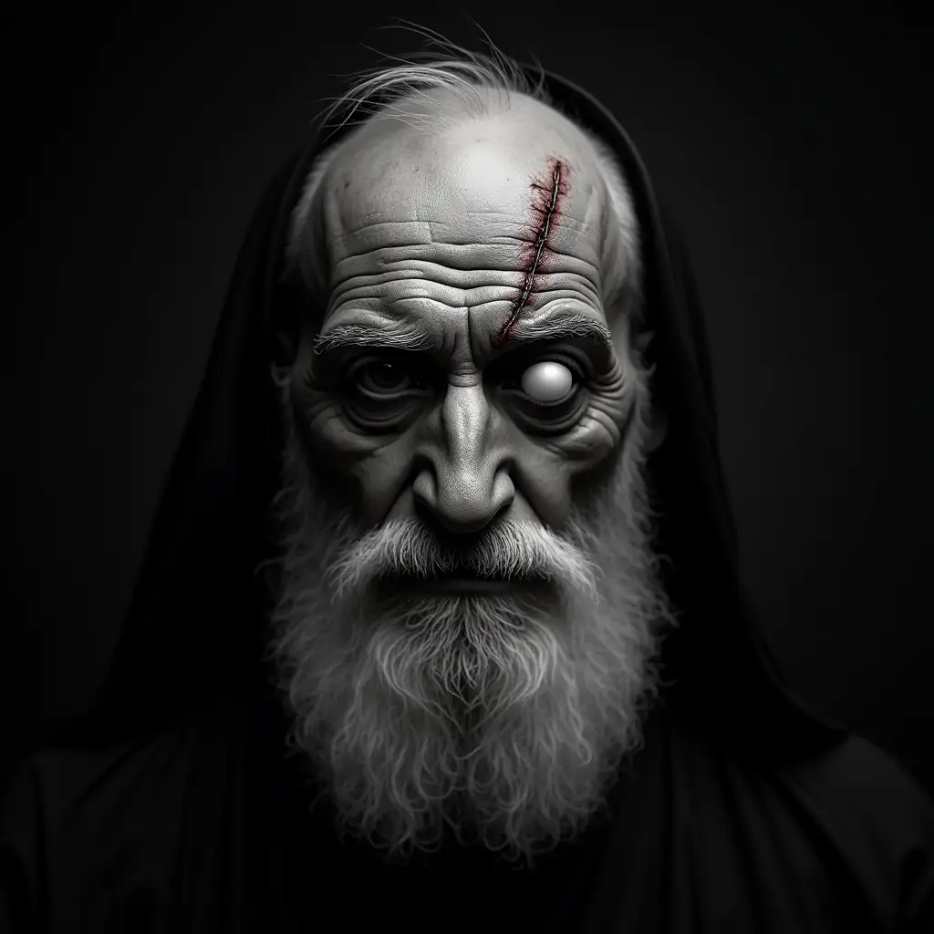 Design an image in black & white tone with photography features and quality showing Jairo Cabañeros with white eyes, white beard, and aged. The left eye is closed and has a large vertical scar that cuts the eyelid. Shown from the knees to the head with maximum detail and transmitting terror. Dressed in the style of the movie 'In the Name of the Rose' but not a friar and with the head uncovered.