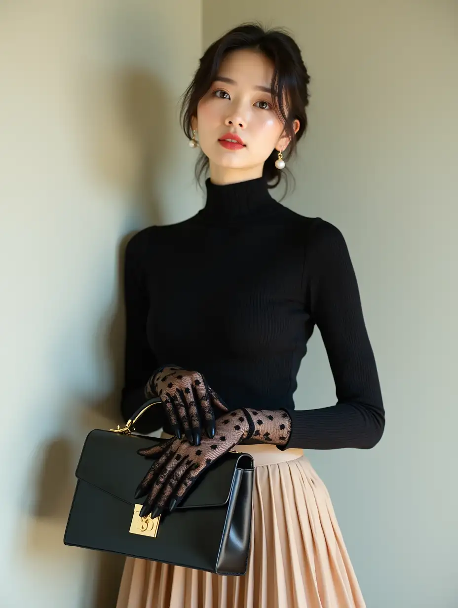 A stylish japanese woman with delicate facial structure poses elegantly, slightly turning her head to the side with a gentle, refined expression. She is wearing a fitted black high-neck sweater with a subtle texture, middle breast, and the cuffs extend into delicate black lace gloves, adding an element of sophistication. Her dark hair is styled in a loose updo with soft tendrils framing her face, and she wears elegant pearl earrings. She holds a structured black leather handbag with a gold clasp in her hands, fingers gently resting on the handle. Her pleated beige skirt flows gracefully below her waist, complementing the dark top. The background is a simple, softly lit neutral-toned wall, creating a clean and minimalist aesthetic. The lighting is soft and natural, casting gentle shadows that highlight the texture of the clothing and the contours of her face. The camera captures her from the waist up, slightly tilted angle, focusing on the intricate details of her outfit and accessories.