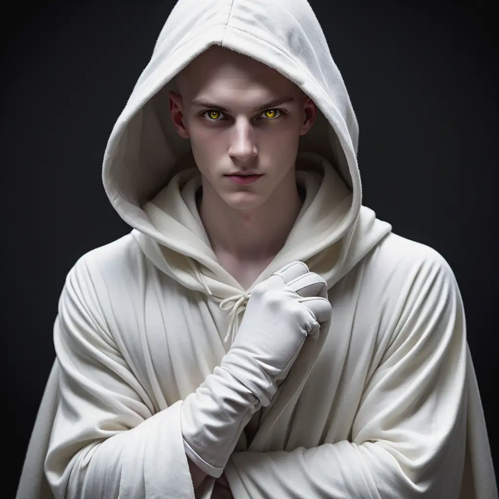 or a role-playing campaign, I'd like you to create an image for me. The image is of a young man, very white and pale. He is clean-shaven. Only his face is visible, the rest is hidden by a long white robe with a hood, so no hair visible. His gloves are as white as his robe. His eyes are bright yellow almost menacing.