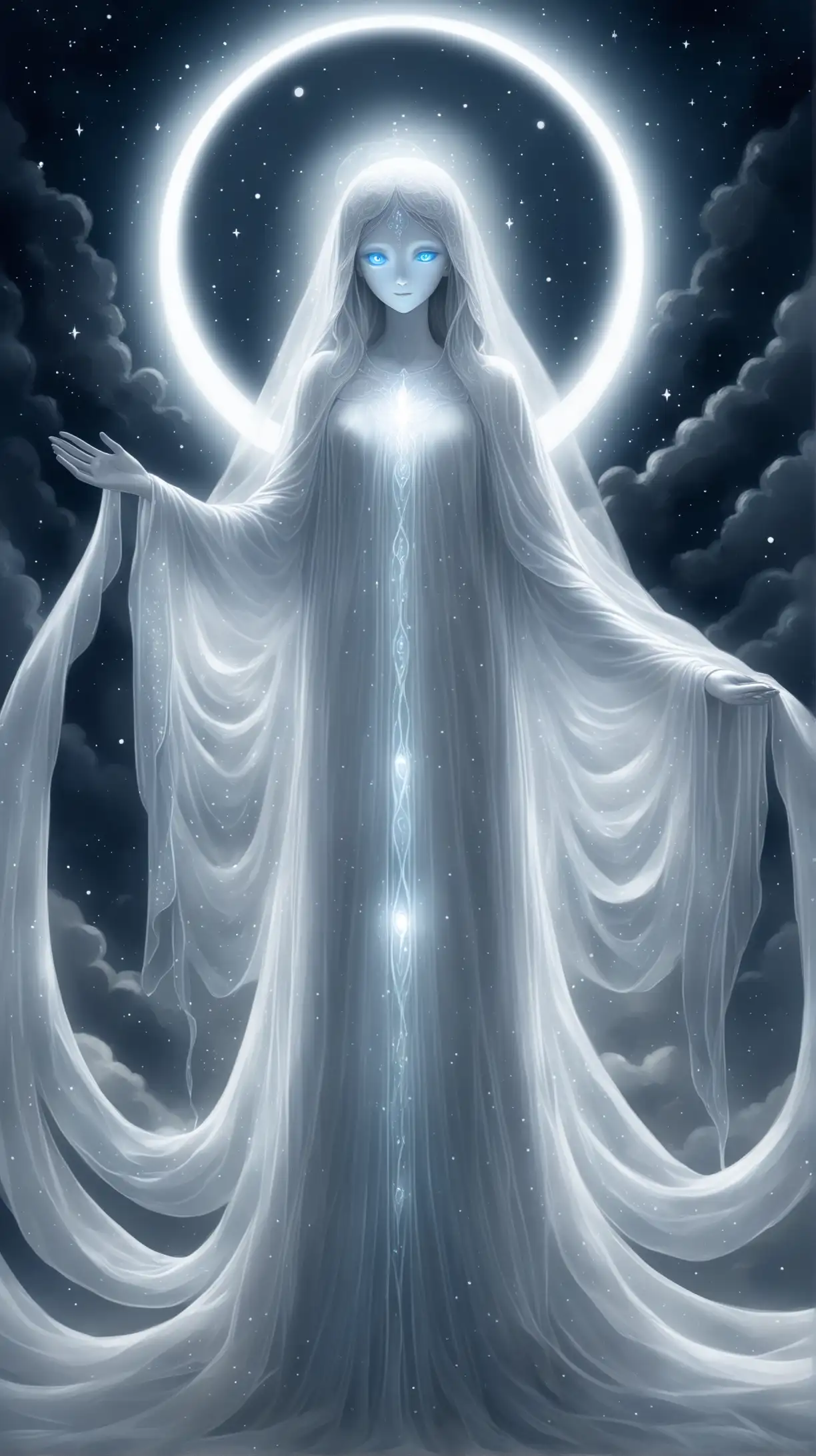 Ethereal Figure in Silvery Robes with Moonlit Eyes