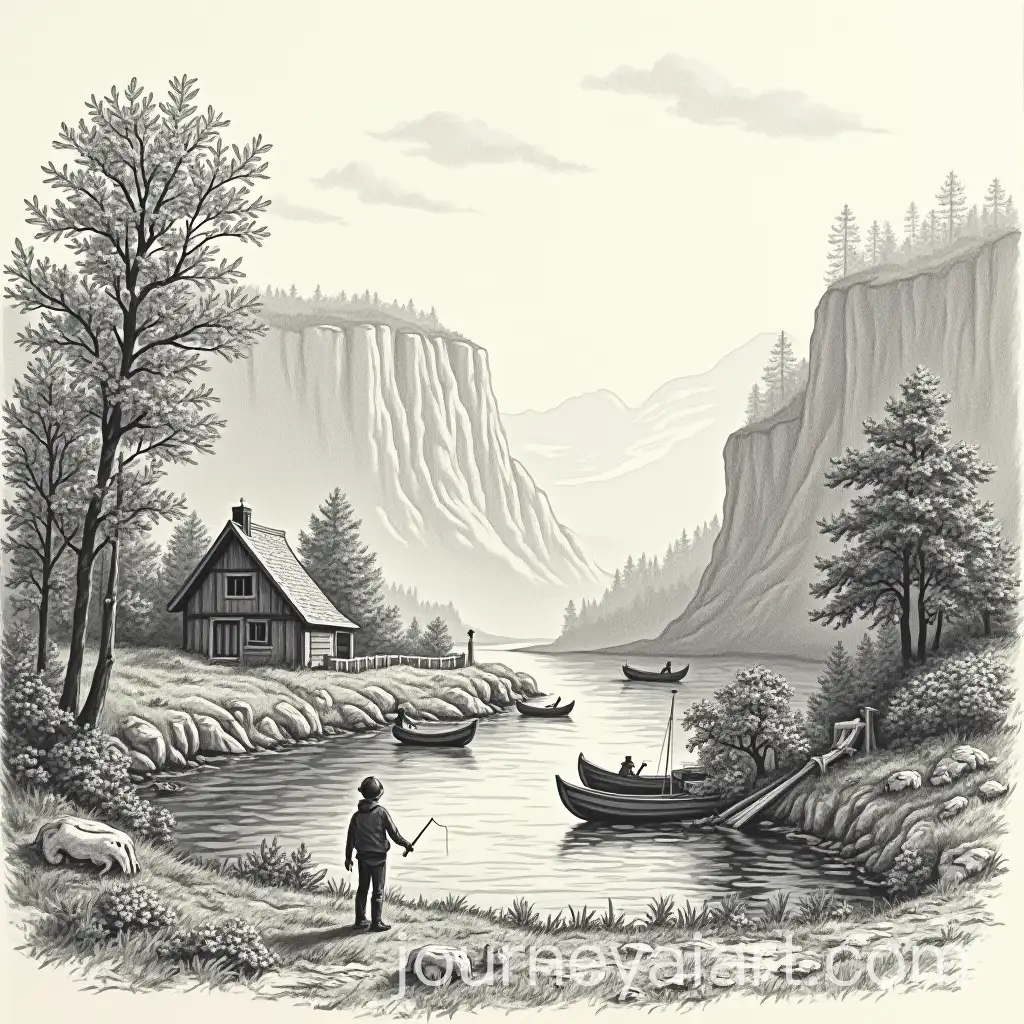 Scenic-European-Countryside-with-Waterfall-River-Hut-and-Fisherman