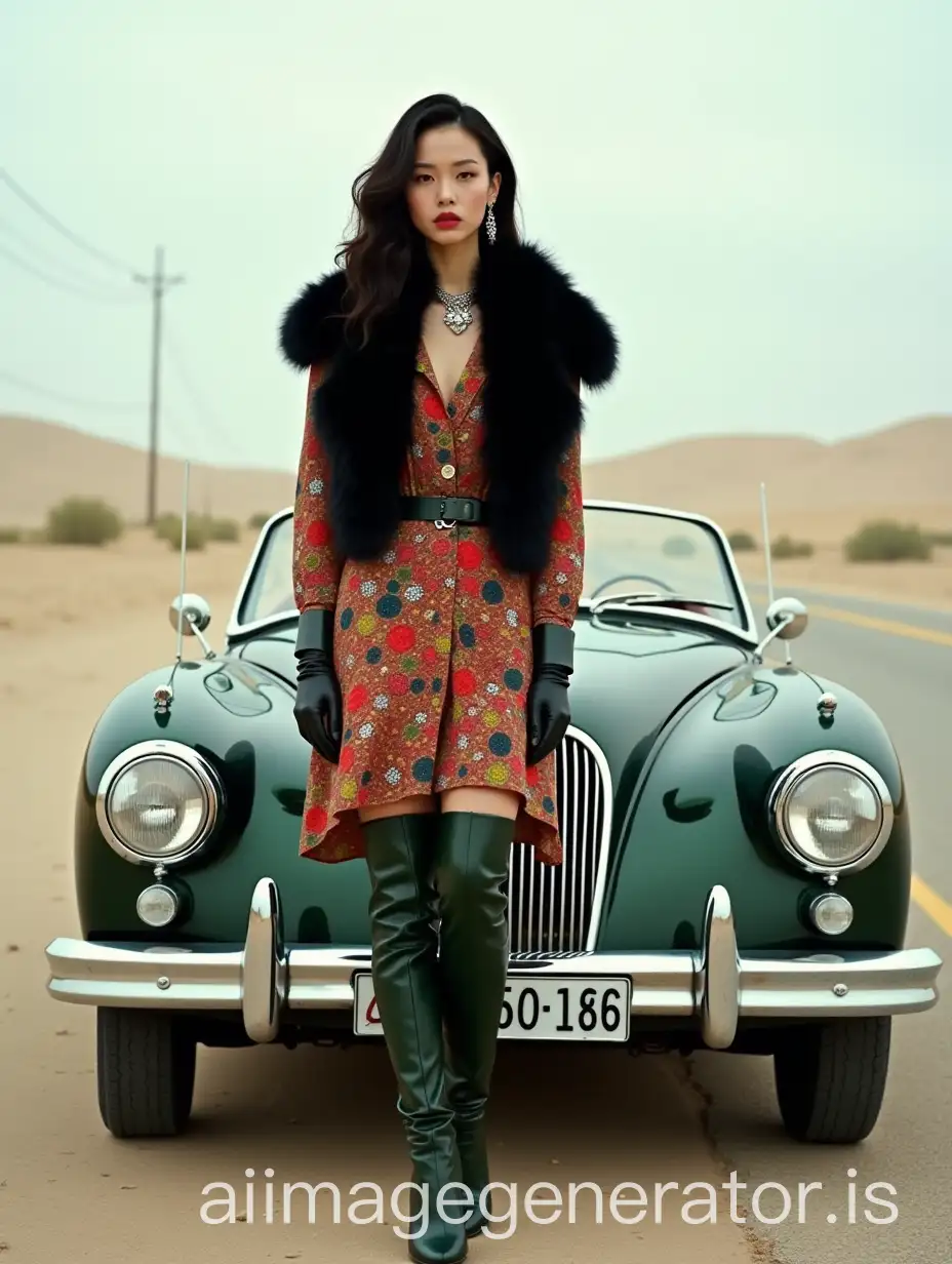 Japanese-Model-in-Dandy-Style-with-MinkFur-Chapka-and-Jaguar-XK120-Roadster