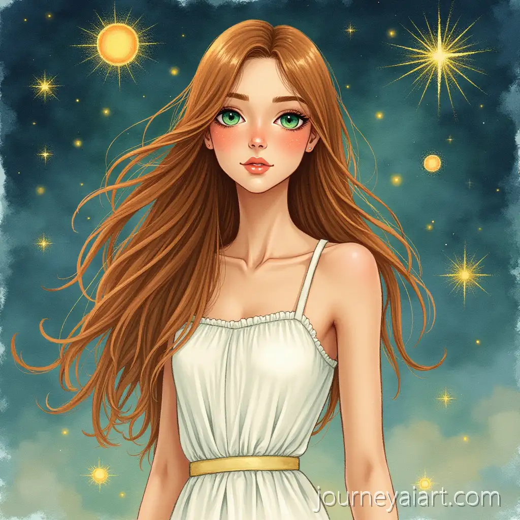 SereneCosmic-woman-watercolor-painting-Woman-in-Cosmic-Setting-with-Glowing-Stars-and-Celestial-Orbs