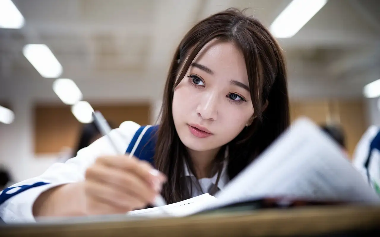 Confident-20YearOld-Shinjuku-Girl-Taking-an-Exam-in-Focus