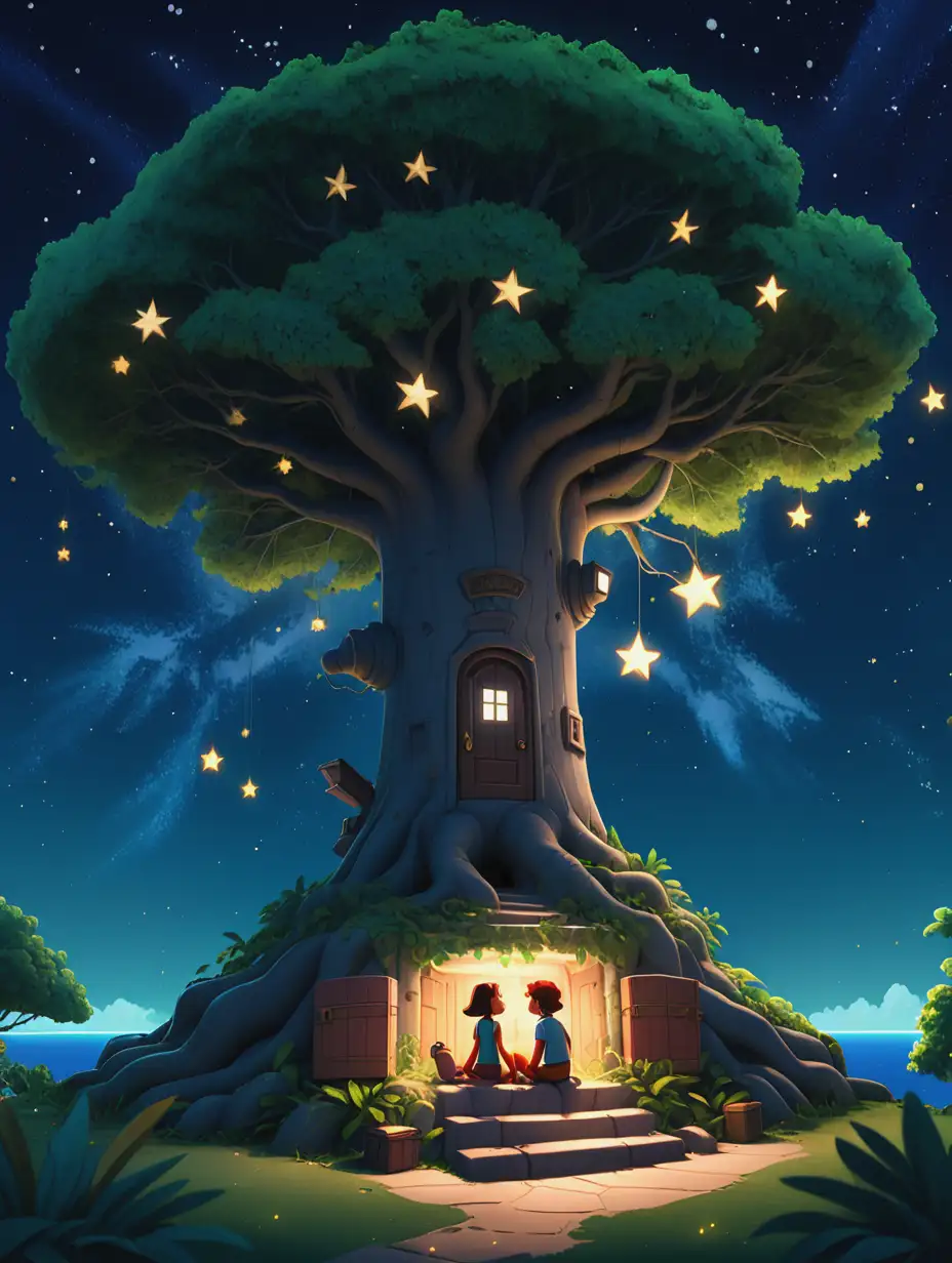 Jules and Lina Under a Majestic Starry Tree on an Enchanted Island