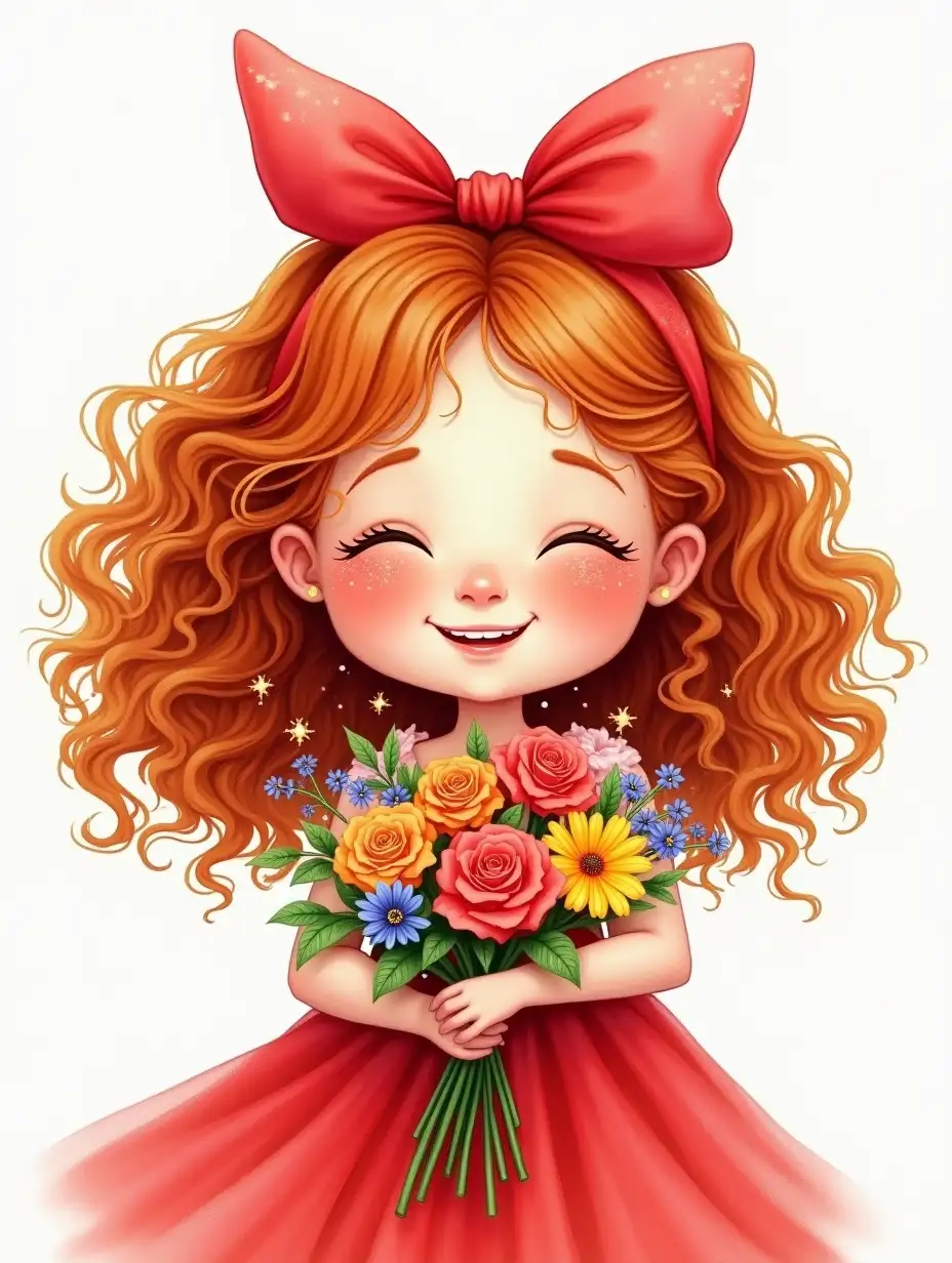 A caricatured tender funny girl in full growth, European appearance DreamWorks reddish curls, drawing of eyelashes, closed eyes, rosy chubby cheeks with freckles, plump lips laughing. On her head is a large red bow, dressed in a red fluffy dress with sparkles, holdinglarge bouquet of bright flowers, ink drawing, 4k, high detail photorealistic airy realistic watercolor, photorealism, wide strokes, 