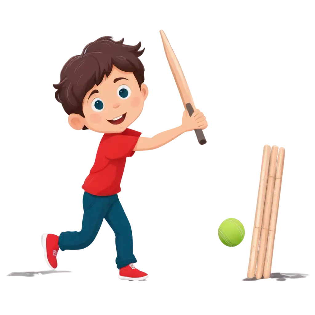 cartoon kid playing with cricket ball