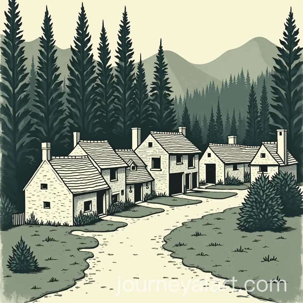 Tranquil-Village-in-a-Dense-Forest-English-Woodblock-Print-from-the-1880s