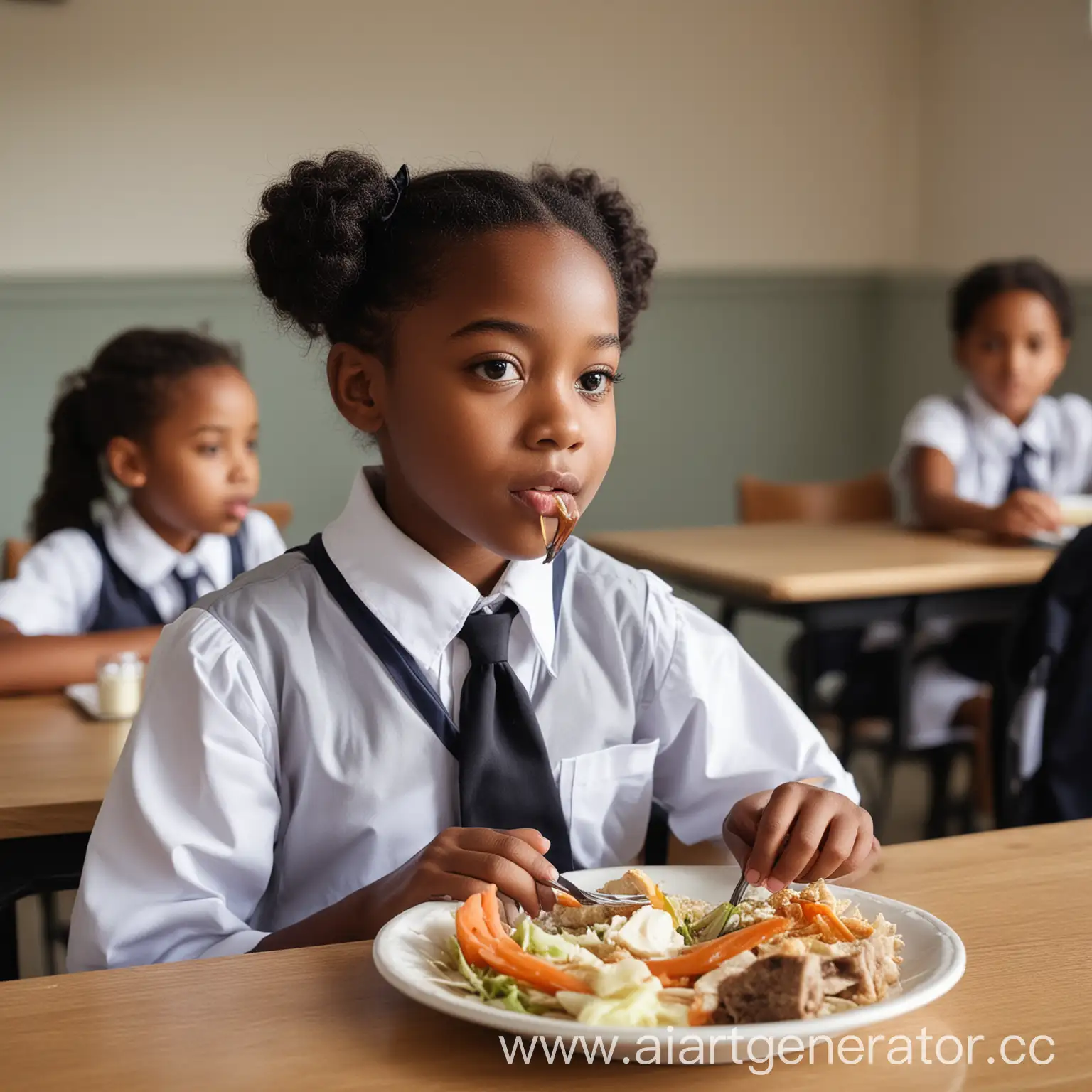 A young black school girl eating at the table in her school uniform