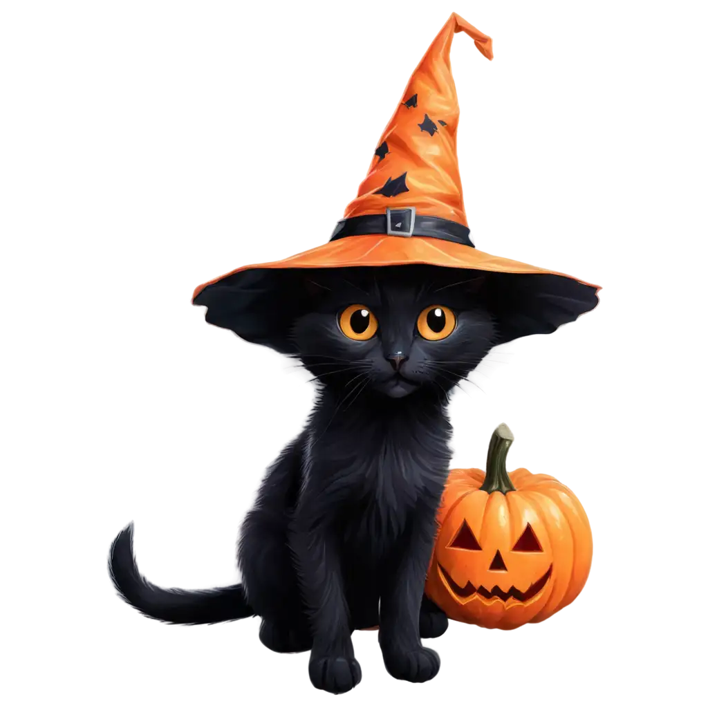 Surreal-Black-Kitten-in-Witchs-Hat-with-Pumpkin-PNG-Image-for-Creative-Design