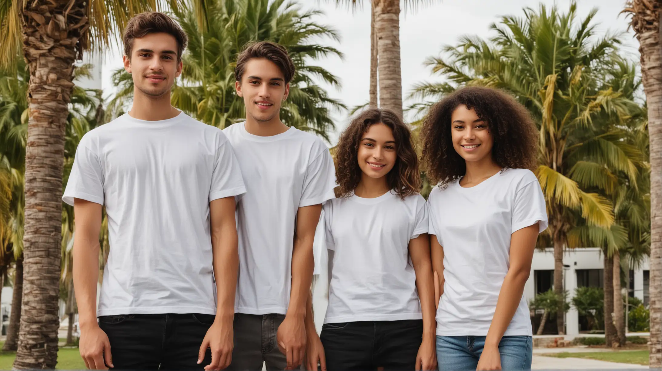 Group of Young Adults in Blank TShirts Standing by Palm Trees