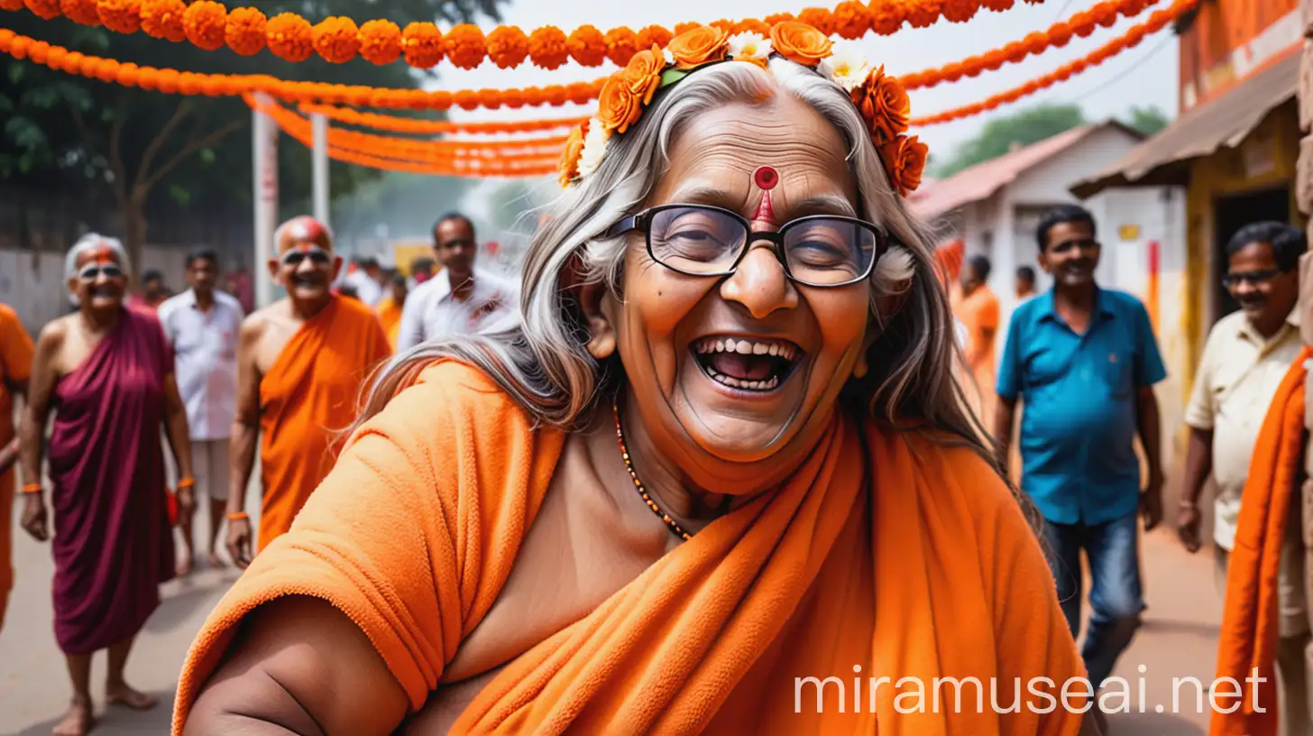 Senior Indian Hindu Woman Monk Smiling in Namaste Gesture at Ashram Gate