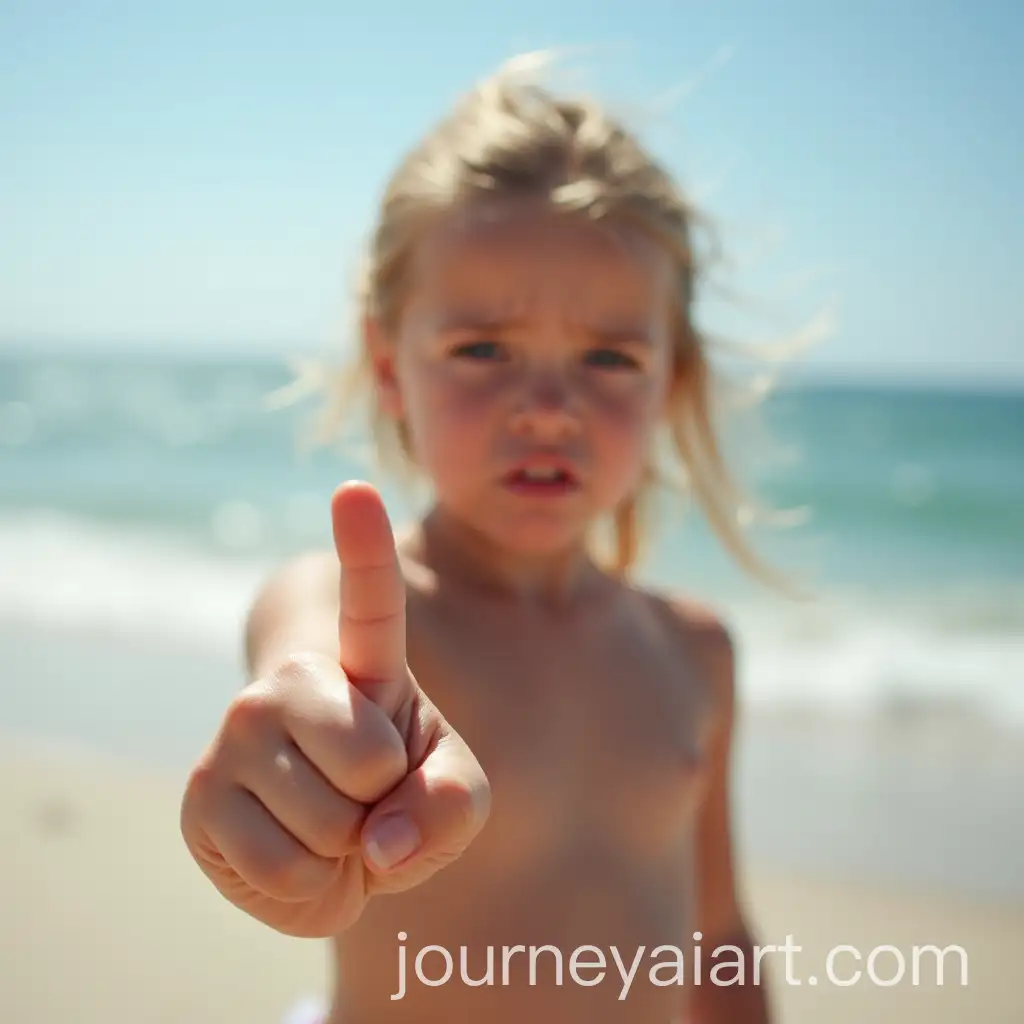 Girl-Expressing-Anger-with-Raised-Middle-Finger-at-Beach