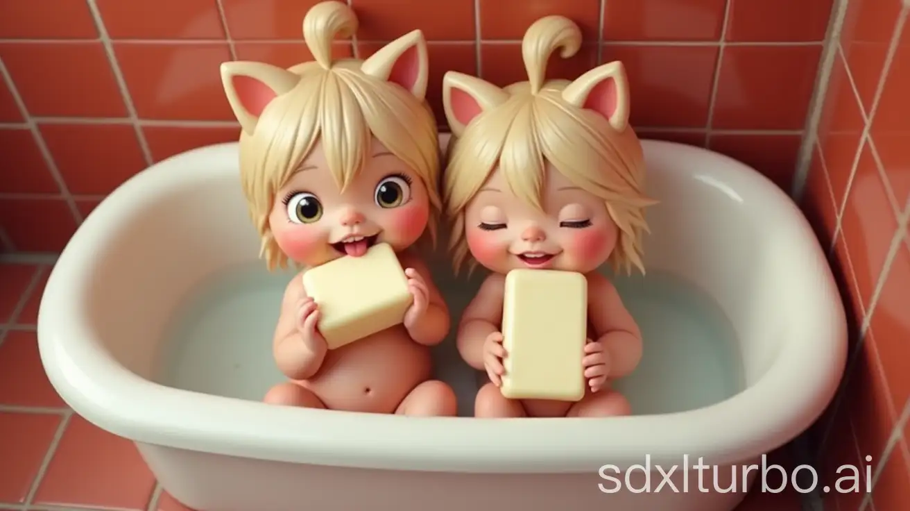 Pregnant-Girls-with-Cat-Ears-and-Tails-Biting-Ivory-Soap-in-Preschool-Bathtub