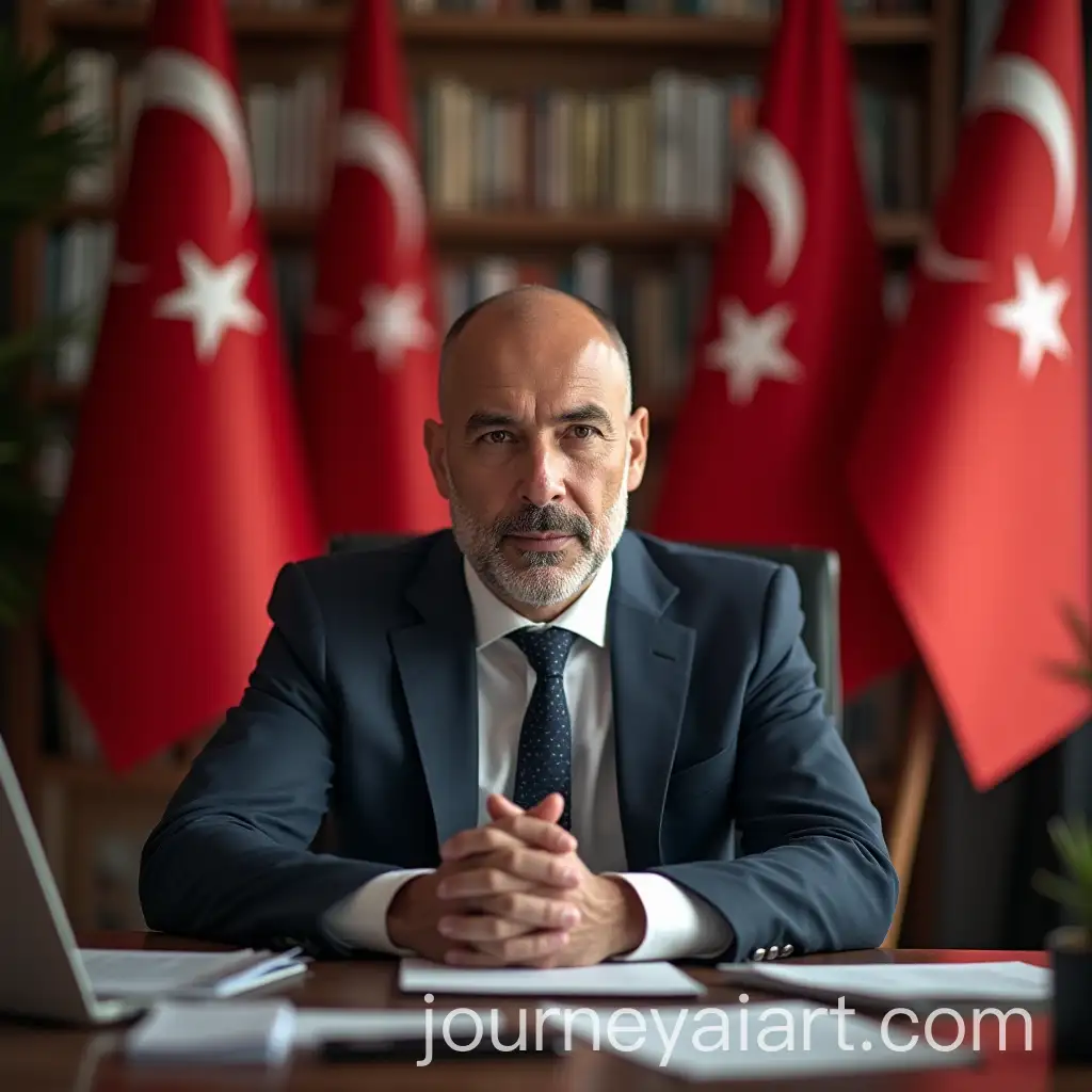 Bald-Man-Sitting-at-Office-Desk-with-Turkish-Flags